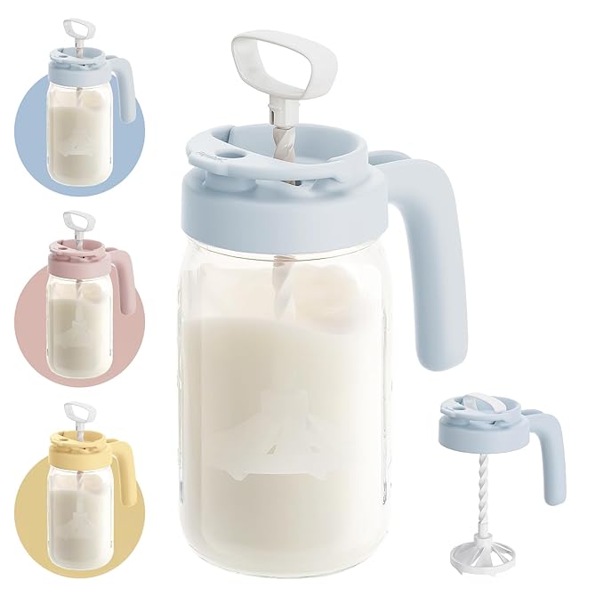 Papablic Breast Milk Pitcher – Baby-Safe Glass Formula Mixer with Easy-Blend Handle Lid, Wide-Mouth Mason Jar, Leakproof Flip-Lock Spout, BPA-Free, Gift for New Moms, Blue