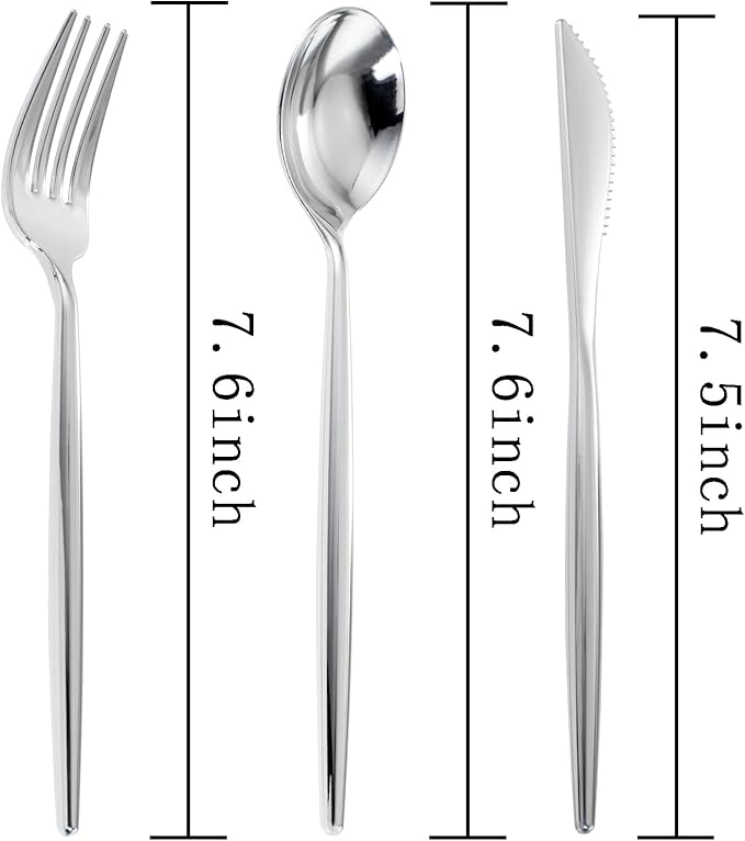 U-QE 120Pcs Silver Plastic Silverware, Luxury Plastic Cutlery, Heavy Weight Flatware, Silver Disposable Utensils Set Include 60 Forks, 30 Spoons, 30 Knives for Party