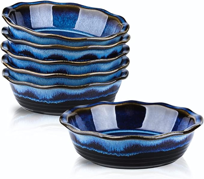 KOOV Ceramic Pie Dish, 6.5 Inches Pie Pan, Pot Pie Pans for Baking, Pie Plate for Dessert Kitchen, Round Baking Dish Pan for Dinner, Wave Series, Set of 6 (Nebula Blue)
