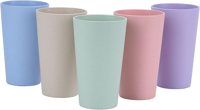 LuckyZone Wheat Straw Unbreakable Cup | 20 oz Reusable Water Drinking Glasses Sets of 5 | Lightweight Tumbler for Kitchen Outdoor | Dishwasher Safe, BPA Free and Eco friendly (20 oz, 5 Color_A)
