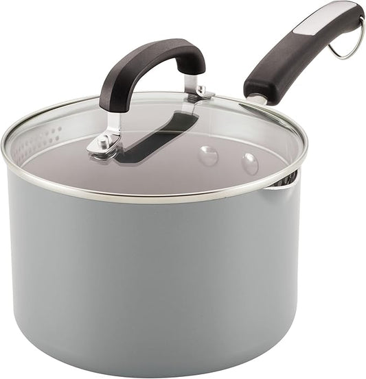 Farberware EcoAdvantage Ceramic Nonstick Straining Saucepan/Sauce Pan with Lid, 3 Quart, Gray