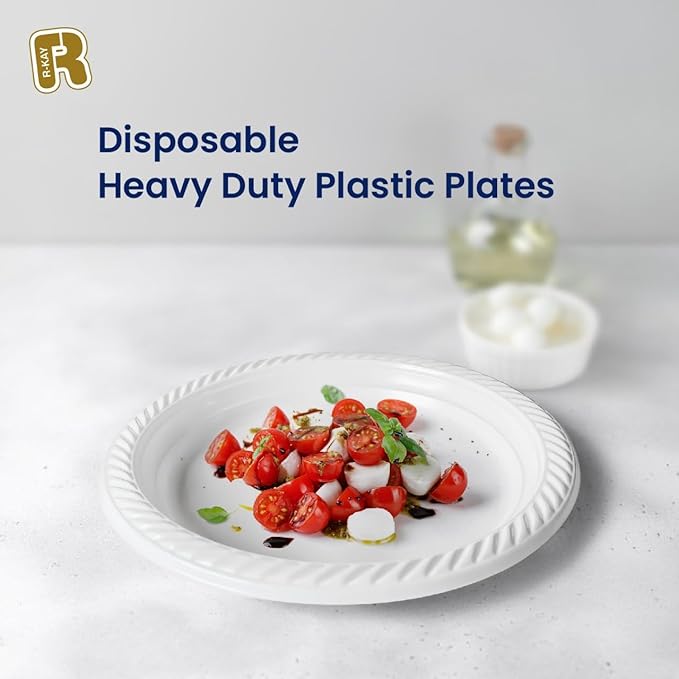 R-kay 100 Pack 6 Inch White Plastic Plates Disposable - Heavy Duty White Disposable Plates - Microwavable Disposable Plastic Plates (6 Inch, 100, Count)