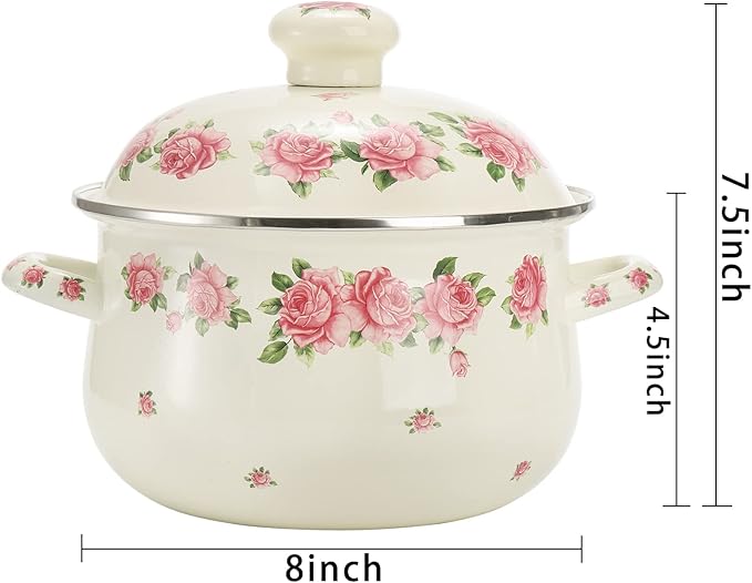 SOUJOY Enamel Stockpot with Lid, 2.8 Quart Retro Cooking Pot, Vintage Floral Stew Bean Simmer Pot with Handle, Kitchen Soup Pot, Safe for Induction Cookers, Gas Stove