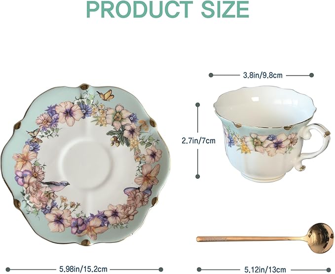 Vintage Floral Porcelain Tea Cup and Saucer Set with Spoon, Gold Trim, 6.4 oz – Set of 2, Teal – Tea & Espresso & Coffee Cups (2, Teal)
