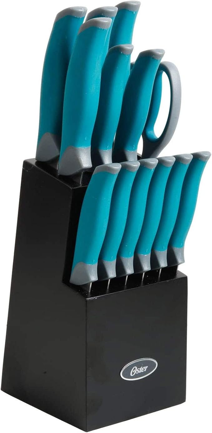 Oster 81007.14 Lindbergh 14 Piece Stainless Steel Cutlery Set Black Block With Sharpener, Teal Handle Kitchen Knives Set,Teal/Black