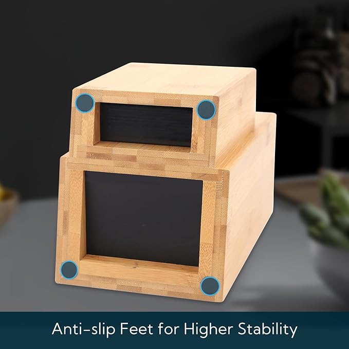 Bamboo Universal Knife Block, Extra Large Two-tiered Slotless Bamboo Knife Stand Organizer Holder, Convenient Safe Storage for Knives & Utensils, Detachable Bristles for Easy Cleaning -by KITCHENDAO