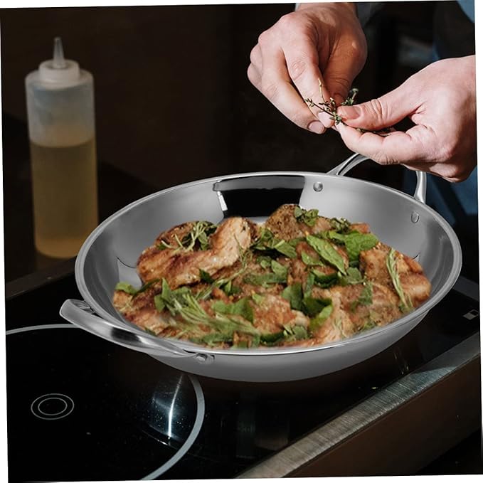 Double Handle Cooking Wok Flat Bottom Pan Stainless Steel Kitchen Pot for Hot Pot Stew and Seafood 9.05X8.66X1.96 Inch