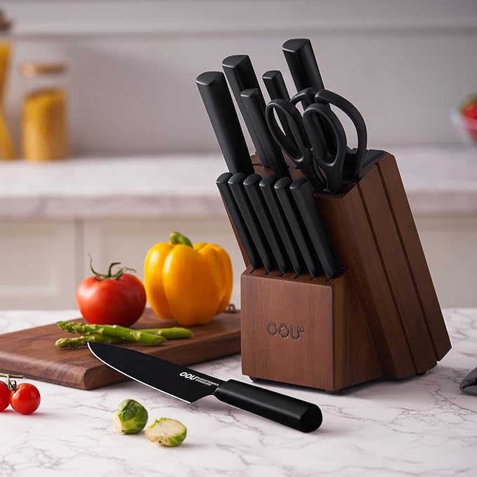 OOU Knife Set with Block and Sharpener, 6 Pcs High Carbon German Steel Kitchen Knife Block Set, Dishwasher Safe Knife Set for Small Kitchen, Space-Saving, Anti-Rust
