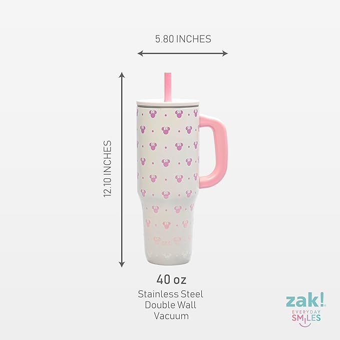 Zak Designs Disney Sutton Travel Tumbler for On the Go or At Home, 40oz Stainless Steel with Vacuum Insulation, Silicone Straw, Carry Handle, and 3D Artwork for Cold Drinks (Minnie Mouse)