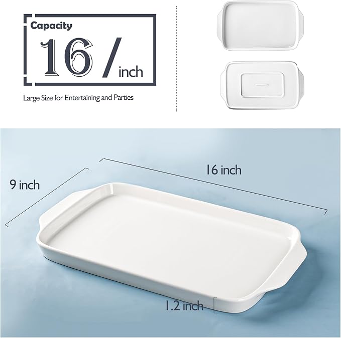 Dizada Large Serving Platter with Handles 16"x9" - White Porcelain Serving Trays Set of 3, Rectangular Platters for Entertaining, Party, Appetizer, Charcuterie