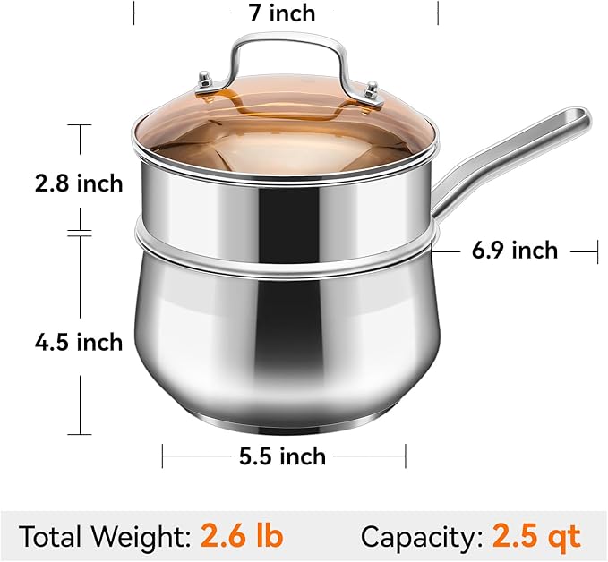 WANGYUANJI 2.5 Quart Stainless Steel Saucepan with Steamer Insert, 2-in-1 Sauce Pot with Lid & Steamer Basket, Tri-Ply Bottom Induction Cookware for Boiling, Soup, Milk, Silver