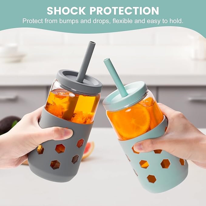 Glass Cups with Lids and Straws 4 Pcs, 16oz Glass Tumbler with Silicone Straw and Sleeve for Coffee Bar Accessory, Drinking Glasses Set Reusable Iced Coffee Cup - Smoothie Cup for Gifts