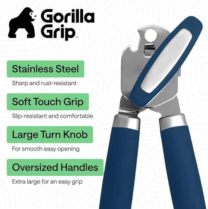 GORILLA GRIP Heavy Duty Stainless Steel Smooth Edge Manual Can Opener and Bottle Openers, Soft Comfortable Handle, Oversized Handheld Turn Knob, US Designed Multifunctional Kitchen Tool, Blue