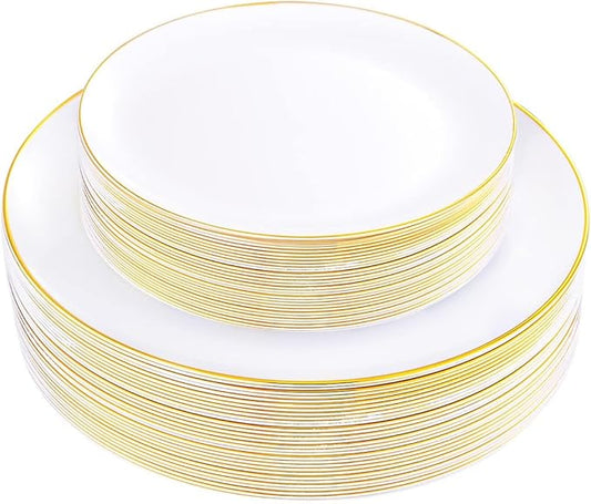 KIRE 60PCS Gold Plastic Plates - Heavy Duty White Disposable Plates with Gold Rim for Wedding/Easter/Spring/Ramadan - Include 30Pieces 10.25inch Dinner Plate and 30Pcs 7.5inch Dessert Plate