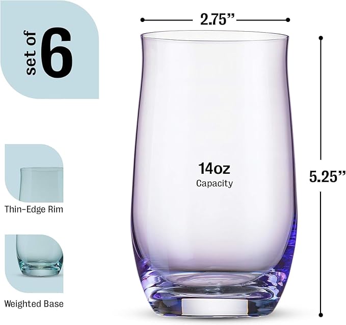 BENETI Premium Glass Cups, Highball Drinking Glasses Set of 6 | Made in Europe Water and Juice Kitchen Glassware | Colored Glasses Set, Perfect for Party's and Gifts for Men and Women of All Ages