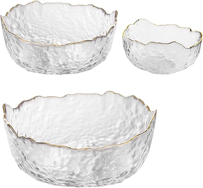 Glass Salad Bowl Irregular Lotus Flower Shape Serving Bowls, Mixing Nut Bowls for Kitchen Fruist, Snack, Dessert, and Ice Cream Candy Dishes (Crystal Clear with Gold Rim, Set of 3 (L,M,S))