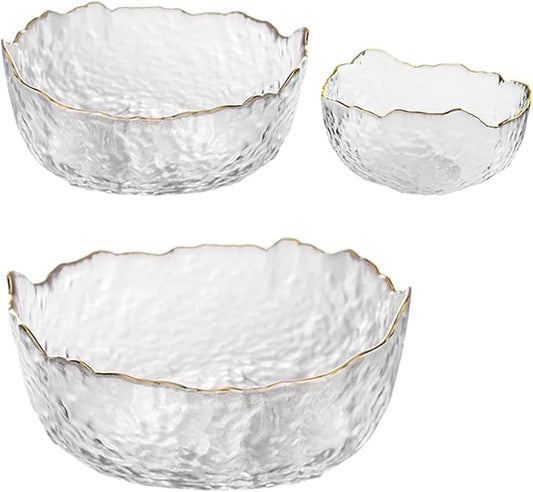 Glass Salad Bowl Irregular Lotus Flower Shape Serving Bowls, Mixing Nut Bowls for Kitchen Fruist, Snack, Dessert, and Ice Cream Candy Dishes (Crystal Clear with Gold Rim, Set of 3 (L,M,S))