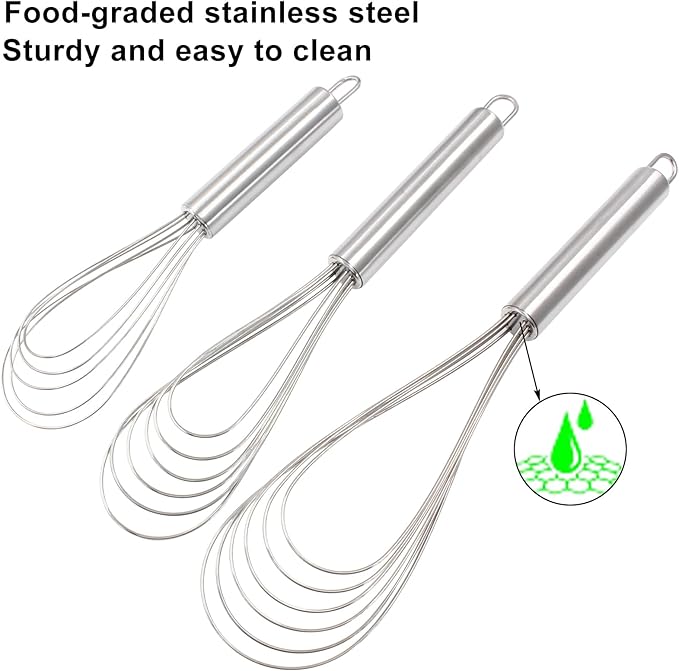 3 Pcs Kitchen Flat Whisk Set, Stainless Steel Egg Whisk Flat Wire Whisk 6 Wires Egg Mixing Whisk(6.73 Inch,10.11 Inch,10.51 Inch)