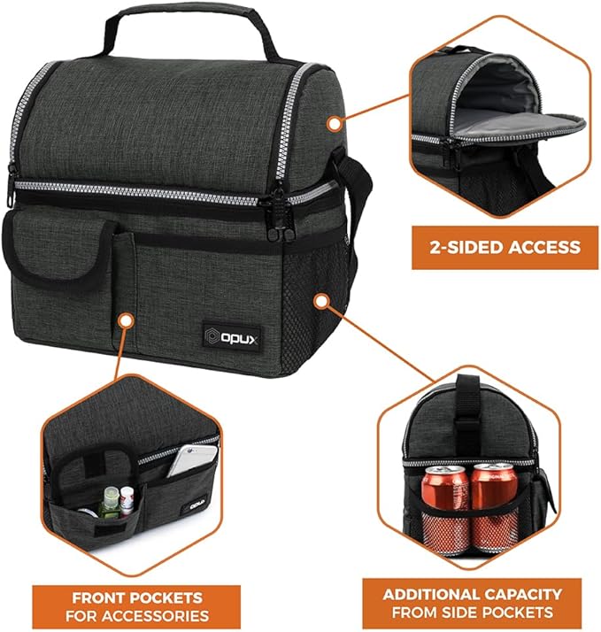 OPUX Lunch Box for Men, Adult Lunch Box Cooler, Insulated Lunch Bag Women, Dual Compartment Lunchbox for Work, Leakproof Double Decker Lunch Bag, Soft Lunch Pail Tote Boys Girls Kids School, Dark Gray