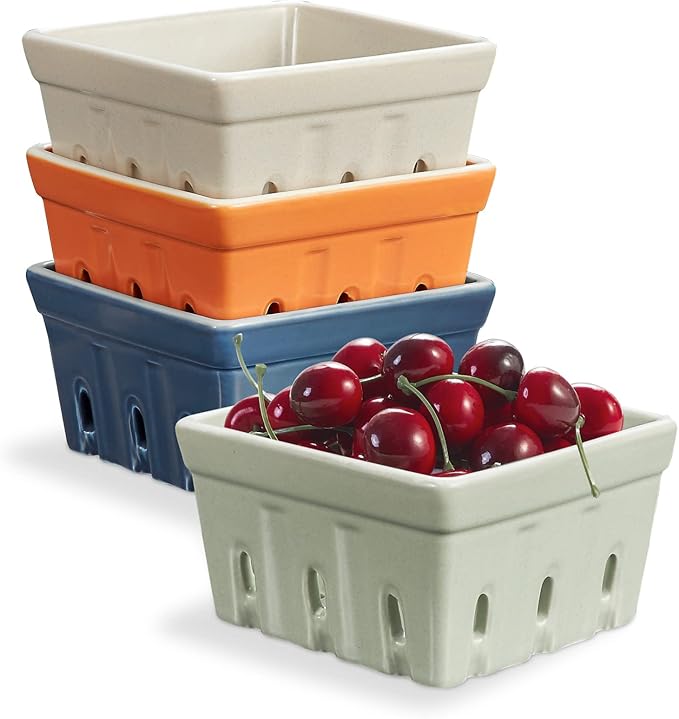 ONEMORE Ceramic Berry Basket, Rustic Stoneware Berry Bowls Colander, Square Fruit Bowls for Kitchen Décor Set of 4, 4.5 inch, Assorted Color