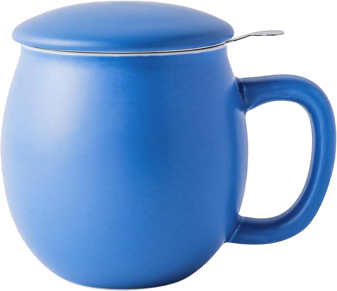 Yundu 12 OZ Matte Blue Ceramics Teacup with Infuser and Lid, Mug with Lid for Steeping - Stainless Steel Infuser for Loose Leaf Tea, Home Office Gift for Tea Lovers