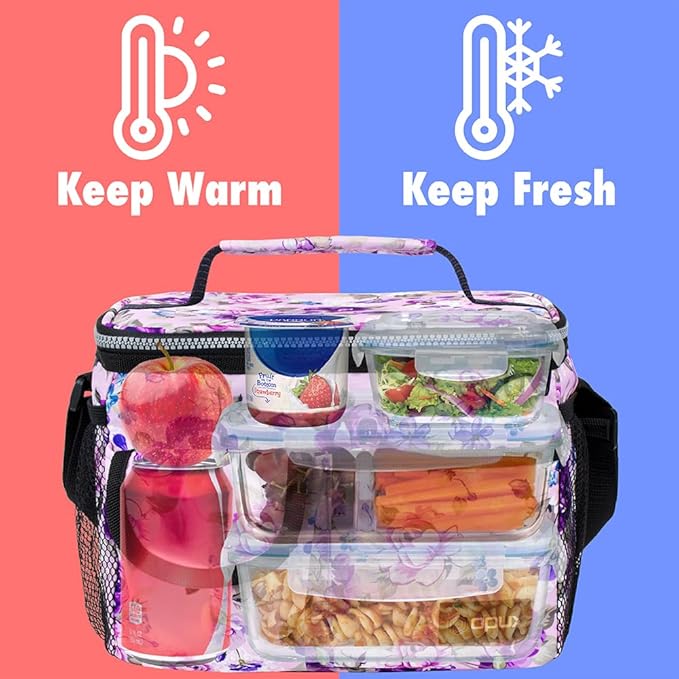 opux Insulated Lunch Bag for Men Women, Leakproof Floral Purple Lunch Box for Work, Portable Soft Lunch Cooler Bag with Shoulder Strap, Adult Lunchbox Lunch Pail for Kid Boy Girl School, 14 Can/8L
