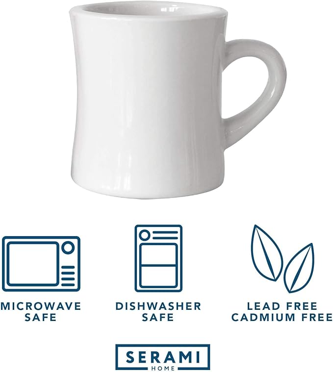 Serami Diner Coffee Mugs – Set of 6 Classic 11oz Ceramic Cups – Thick, Heavy Stoneware – Crisp White Color – Dishwasher & Microwave Safe