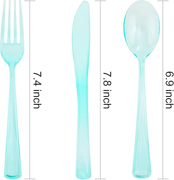 WDF 180 Pieces Green Plastic Silverware Disposable - Clear Green Cutlery Sets 60 Forks, 60 Knives and 60 Spoons - Heavy Duty Plastic Utensils for Party, Summer