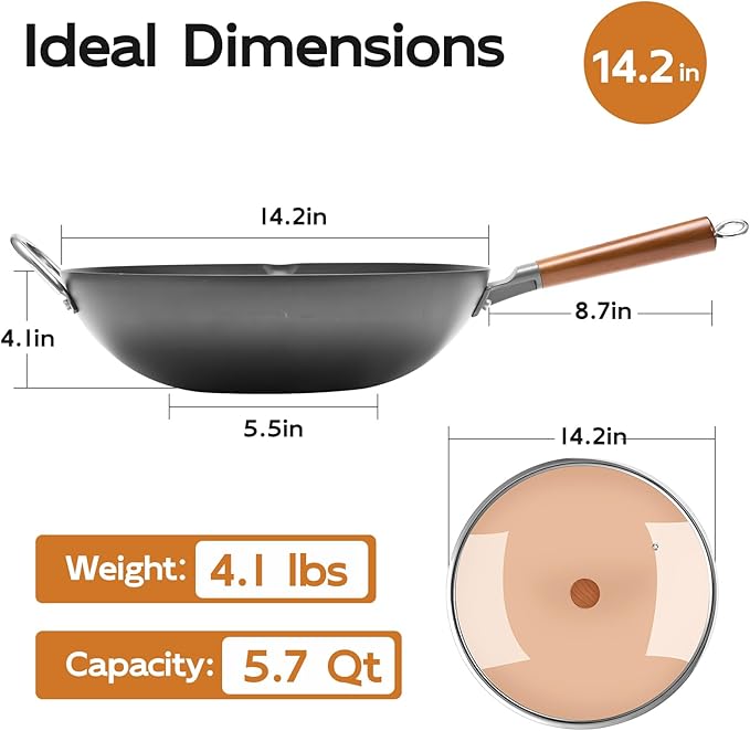 WANGYUANJI 14.2" Heavy Duty Carbon Steel Wok (Seasoning Required), Extra Large Refined Iron Stir Fry Pan for 4-6 People, Uncoated Flat Bottom Induction Wok