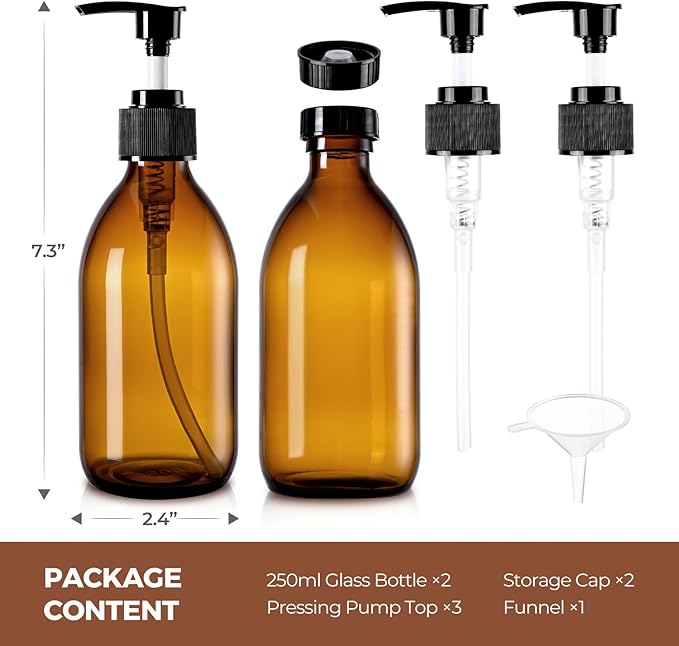 8 oz Amber Glass Pump Bottle, 250ml Glass Soap Dispenser Bottle for Body Lotion Massage Oil, Refillable Empty Hand and Dish Soap Dispensers Set with Labels - 2 Pack