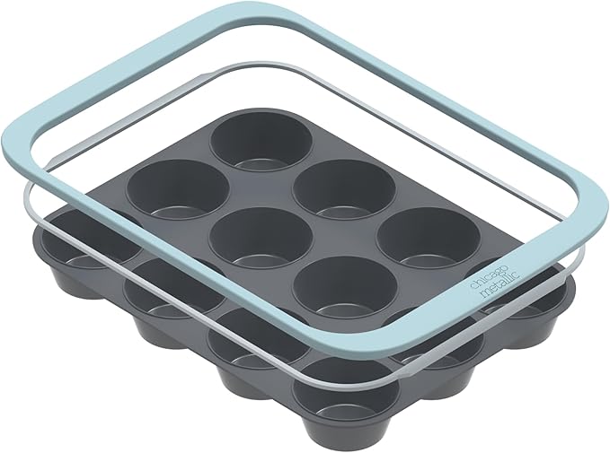 Chicago Metallic 12-Cup Silicone Muffin Pan, Nonstick Bakeware with Wire-Reinforced Rim, BPA-Free Food-Grade Silicone, Oven Safe to 428°F, Dishwasher Safe, Easy Cupcake Release
