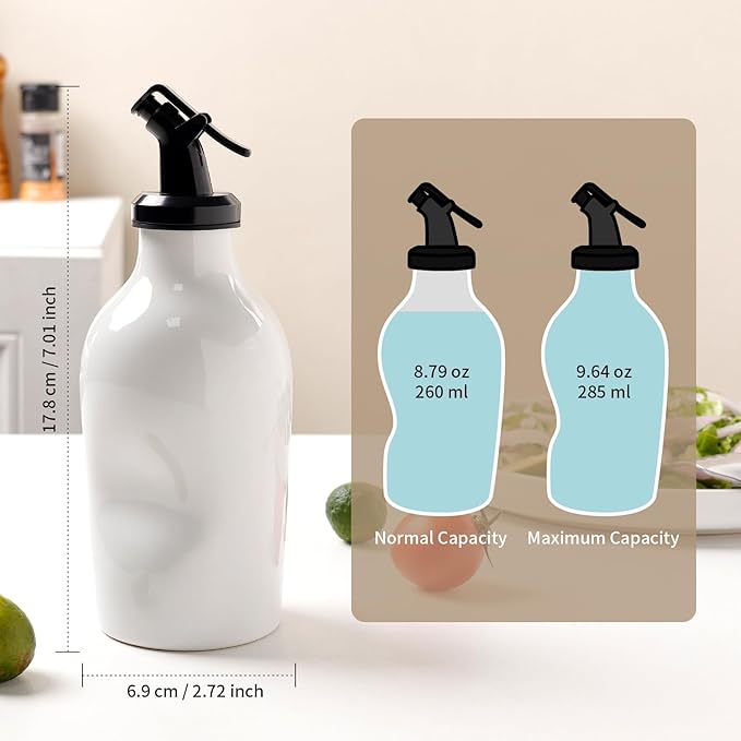 Ceramic Oil Dispenser Bottle with Acrylic Spout - Mini Kitchen Oil & Vinegar Cruet for EVOO, Avocado Oil - Easy-Grip Design, Compact Size 285ml - (White)
