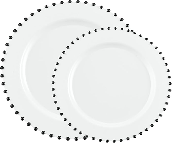 PLASTICPRO 32 Piece Combo Plastic Dinner Plates Disposable Plastic Fancy Heavy Duty Party Dishes 7 inch and 10 inch, White and Black Beaded