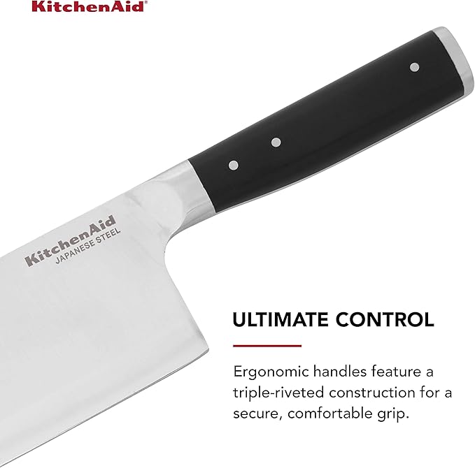 KitchenAid Gourmet Forged Triple Rivet Cleaver Knife with Custom Fit Blade Cover, 6 inch, Sharp Kitchen Knife, High Carbon Japanese Stainless Steel Blade, Meat Cleaver, Black