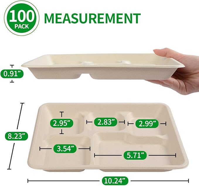 bloomoon 100 Pack 5 Compartment Paper Plates, 10 x 8 inch Disposable Lunch Trays with 5 Compartment, Heavy Duty Divided Paper Plates for Buffet, School, Party