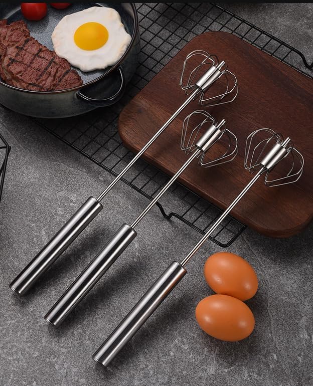 3Pcs Semi-Automatic Stainless Steel Egg Whisk, Hand-Operated Rotary Whisks, Multi-functional Stainless Steel Kitchen Mixing Tool, Manual Egg Whisk, Suitable for Mixing, Whipping and Stirring,11+12+13"