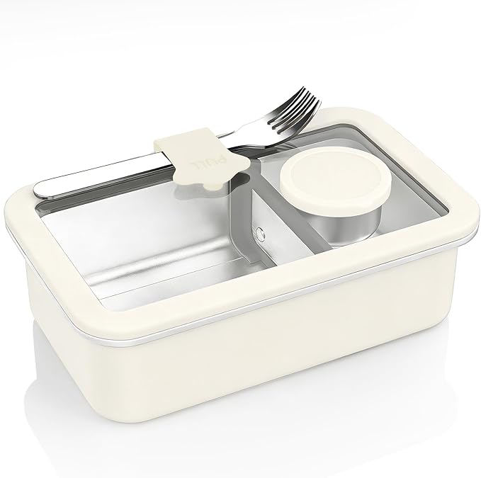 Stainless Steel Bento Box for Adult, 42oz Leak-Proof Metal Lunch Box Containers with Adjustable Divider, Microwave-Safe, Lunchbox with Glass Lid for Work Travel