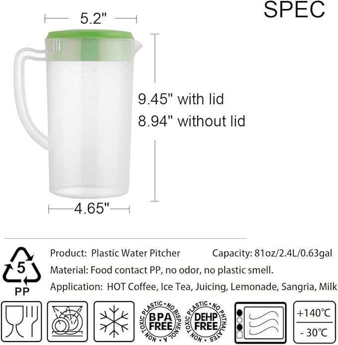 81oz/2.4Litre/0.63 Gallon Plastic Water Pitcher with Lid BPA-FREE Carafes Mix Drinks Water Jug for Hot/Cold Juice Beverage Ice Tea (Green, 81oz)