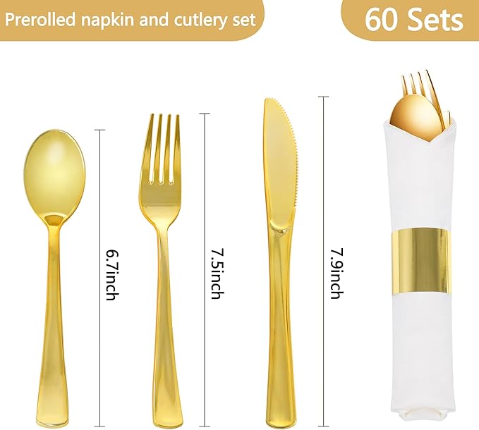 60 Pack Pre Rolled Gold Plastic Silverware Set, Wrapped Plastic Cutlery Set with Napkin Include 60 Forks, 60 Spoons, 60 Knives and 60 White Napkins for Party, Wedding,Birthday,Christmas