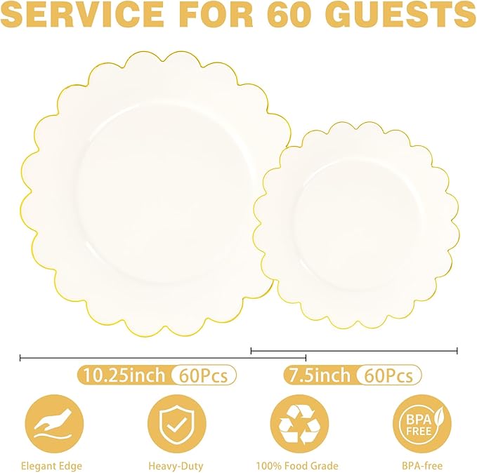 LIYH 120 Pcs Ivory Scalloped Plastic Plates Disposable - Ivory and Gold Plastic Plates - Gold Fancy Disposable Party Dinner & Dessert Plate for Wedding Birthday Easter Day