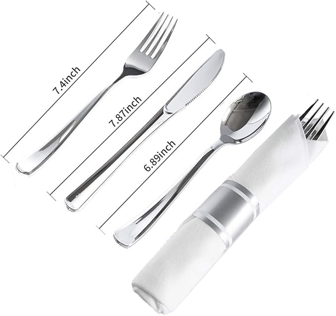 N9R 75 Pack Pre Rolled Silver Plastic Cutlery Set, 75 Pieces (75 Forks, 75 Knives, 75 Spoons, 75 Napkins), Disposable Silverware Set for Party, Wedding, Modern Style