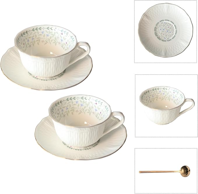Vintage Floral Porcelain Tea Cup and Saucer Set with Spoon, Gold Trim, 6.4 oz – Set of 2, Light Blue – Tea & Espresso & Coffee Cups (2, Light Blue)