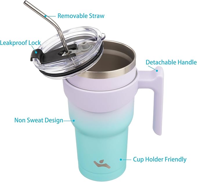 30 oz Tumbler with Handle and 2 Straw 2 Lid, Insulated Water Bottle Stainless Steel Vacuum Cup Reusable Travel Mug, Lavender Green