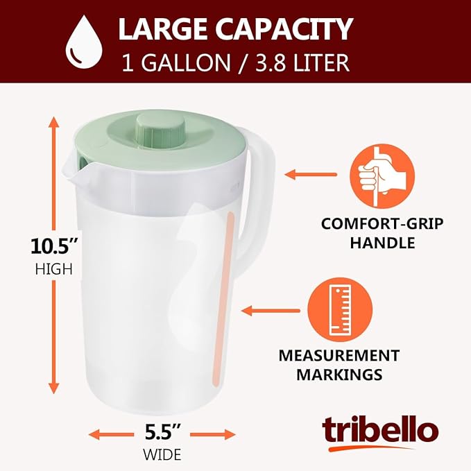 Tribello Water Pitcher with Lid 1 Gallon – Clear Round Plastic Pitcher Ice Tea & Juice Jug – Freezer & Dishwasher Safe, BPA & Phthalate Free – Sage Green