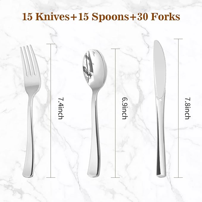 BESTVIP 60PCS Silver Plastic Silverware, Silver Disposable Utensils, Heavy Duty Cutlery Set of 30 Forks, 15 Spoons, 15 Knives for Party, Christmas, Wedding, Catering and Daily Use