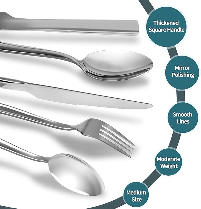 Silverware Set for 8, Briout 40 Piece Flatware Cutlery Set Stainless Steel Luxury Square Tableware Thick Knife Fork Spoon for Home Kitchen Restaurant Wedding, Mirror Polished, Dishwasher Safe