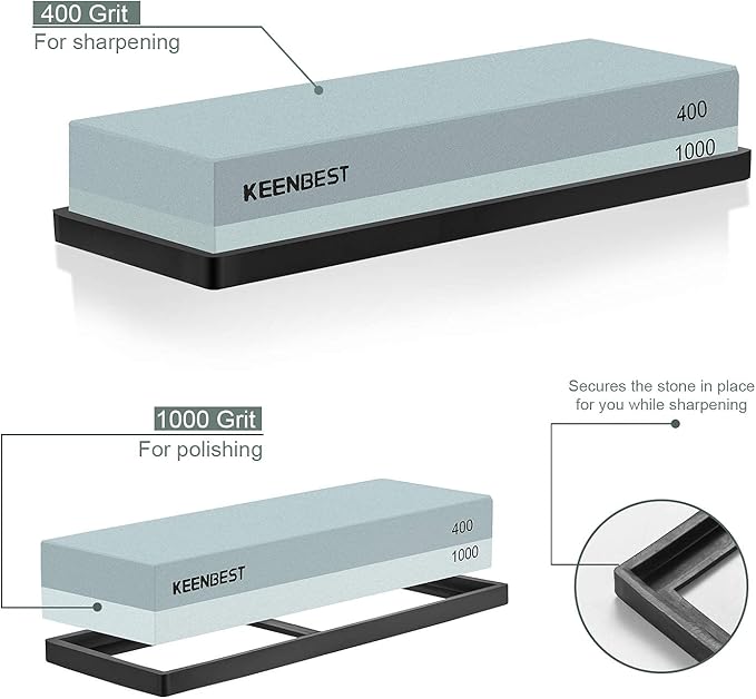 Actual Grit Premium Material Sharpening Stone 2 Side 400 1000 Whetstone Set Kitchen Knife Sharpener Stone Wet Stones for Sharping Knives Kit with Non-slip Rubber Base
