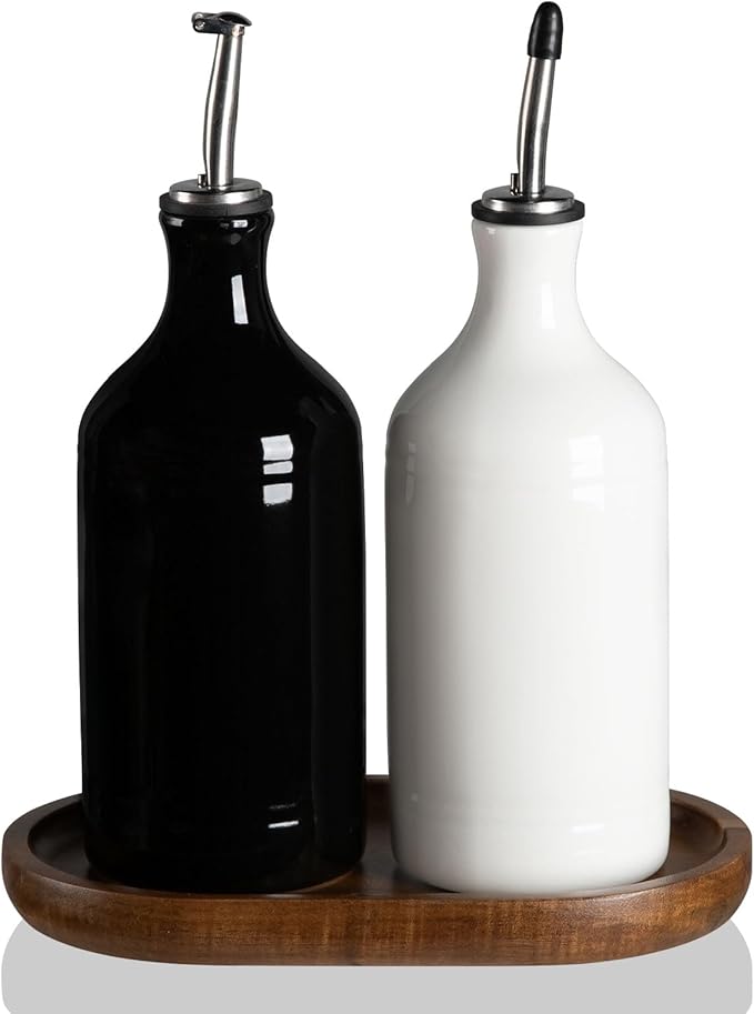 Sweejar Ceramic Olive Oil Dispenser Bottle Set, Opaque Oil Cruet Protects to Reduce Oxidation, Suitable For Storage Of Vinegar, Soy Sauce & Other Liquids,Pack of 2,15.5 Fl Oz（White Black）