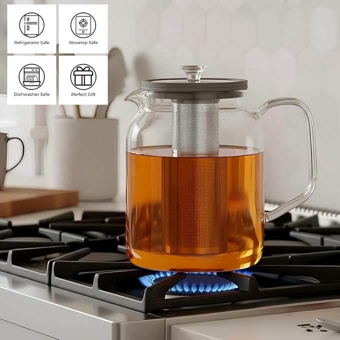 Aquach Glass Teapot with Infusers for Loose Tea, 85 Oz Glass Tea Kettle Dishwasher and Stovetop Safe, Plastic-Free Borosilicate Glass Tea Pot and Stainless Steel Tea Infuser
