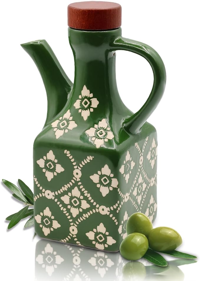 Olive Oil Dispenser Bottle Ceramic，8.5 Oz Decoration Oil Dispenser for Kitchen，Leakproof Oil And Vinegar Container with Handle，Green Italian Cooking Oil Cruet，Easy Pour